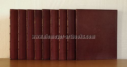 Der Venuswagen (The Chariot of Venus). A Collection of Erotic Private Editions with Original Prints published as Private Editions of the Gurlitt Press by Alfred Richard Meyer (Munkepunke). First Series. 9 volumes (all published). Berlin 1919/1920. Ruby red orig. morocco on 5 ribs with blindtooled erotic vignette on front cover, and equal line on both covers as well as, gilt tooled, on the back, as also the titles, green moiré inner covers & fly-leaves as well as gilt head edge. Two edges untrimmed. - No. I/XL (total edition 740) copies. - The copy of Doctor Heinrich Stinnes with volume by volume his paw-like ownership note. Der Venuswagen (The Chariot of Venus)